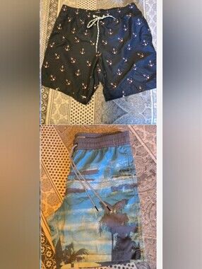 4 For $24 Men's Anchor Print Navy and Blue Palm Tree Board Shorts - Size Medium